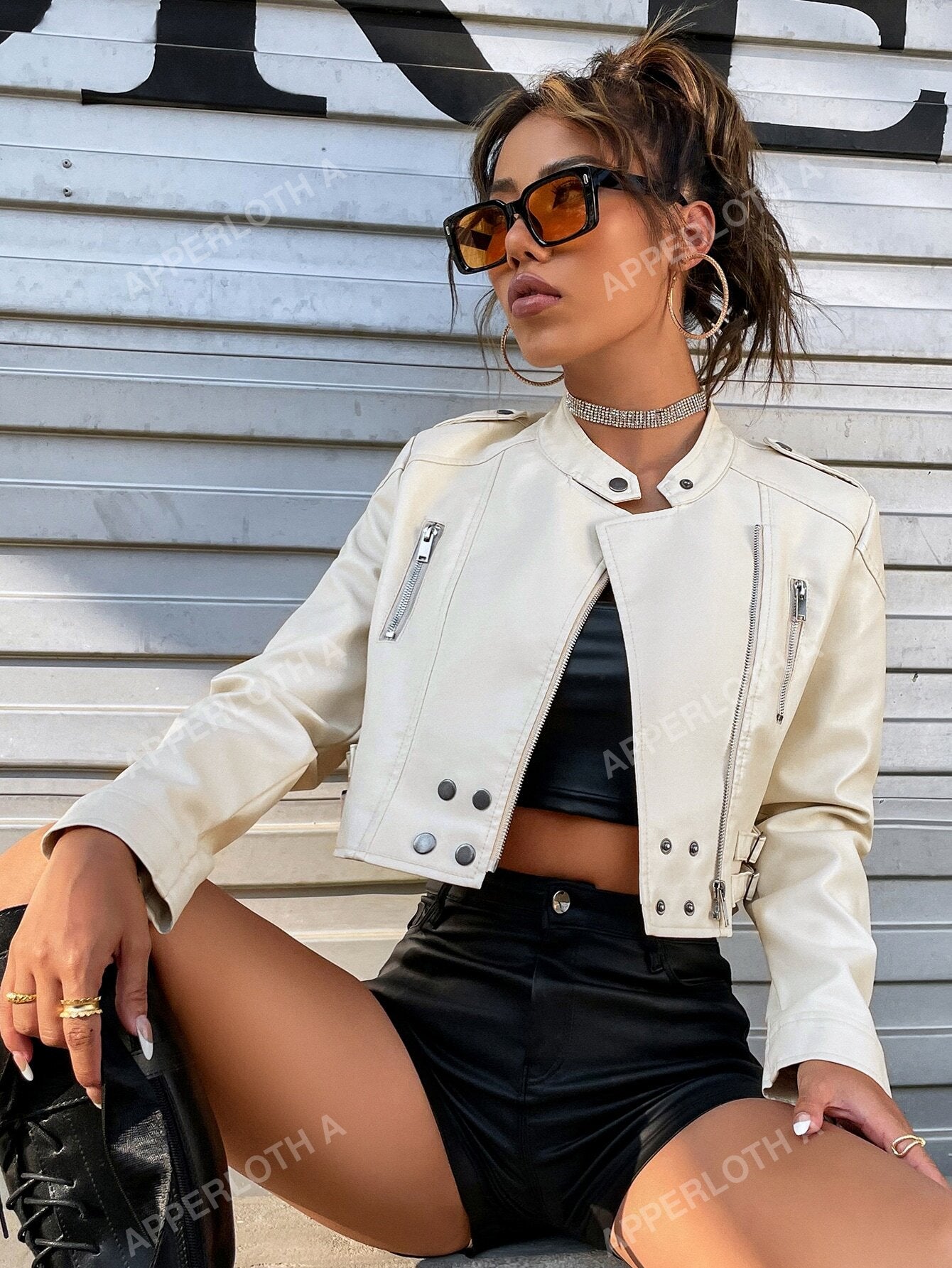 A Buckled Strap Zip Detail PU Leather Moto Jacket