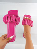 Fashionable Outdoors Neon Pink Flat Slippers For Women, Ruched Single Band Artificial Leather Open Toe Slide Sandals