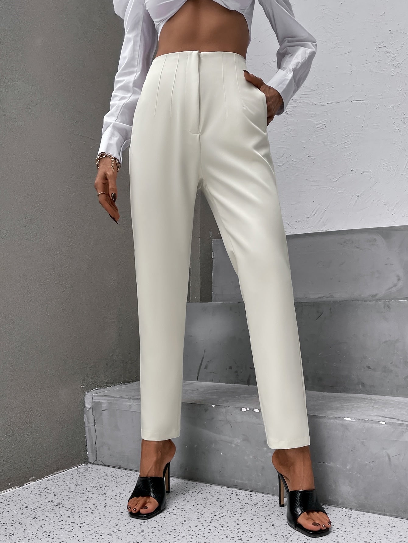 Slant Pockets Zipper Fly Carrot Pants Workwear