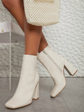 Vegan Leather Side Zipper Chunky Heels Booties