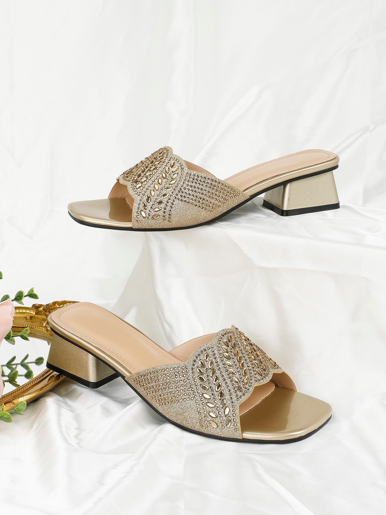 Women Rhinestone Decor Chunky Heeled Mule Sandals, Glamorous Banquet Glitter Heeled Sandals