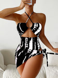 Swim Summer Beach Random Tie Dye Cut Out Tie Back One Piece Swimsuit & Beach Skirt