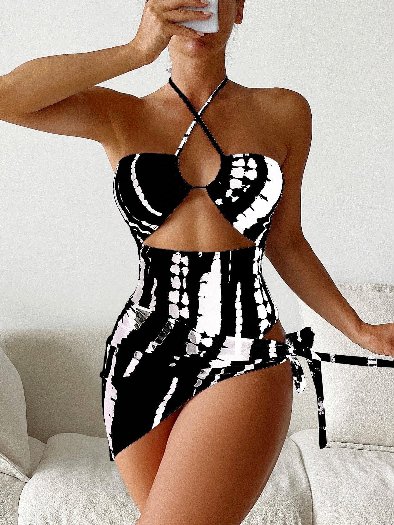 Swim Summer Beach Random Tie Dye Cut Out Tie Back One Piece Swimsuit & Beach Skirt