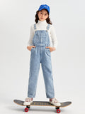 Tween Girl Patched Pocket Denim Overalls Without Sweater