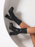 Women's Black Elegant Solid Color Elastic Ankle Boots, Square Toe, Chunky Heel, Classic Socks Boots
