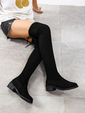 Women Black Bow Decor Chunky Heeled Knee High Sock Boots