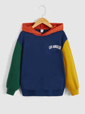 Tween Boy's Casual Hooded Sweatshirt With Color Block & Logo Print, Long Sleeve, Suitable For Autumn & Winter Outfits
