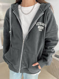Slogan Graphic Drop Shoulder Zipper Drawstring Hooded Fleece Jacket