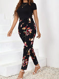 Solid Round Neck Tee & Floral Print Pants