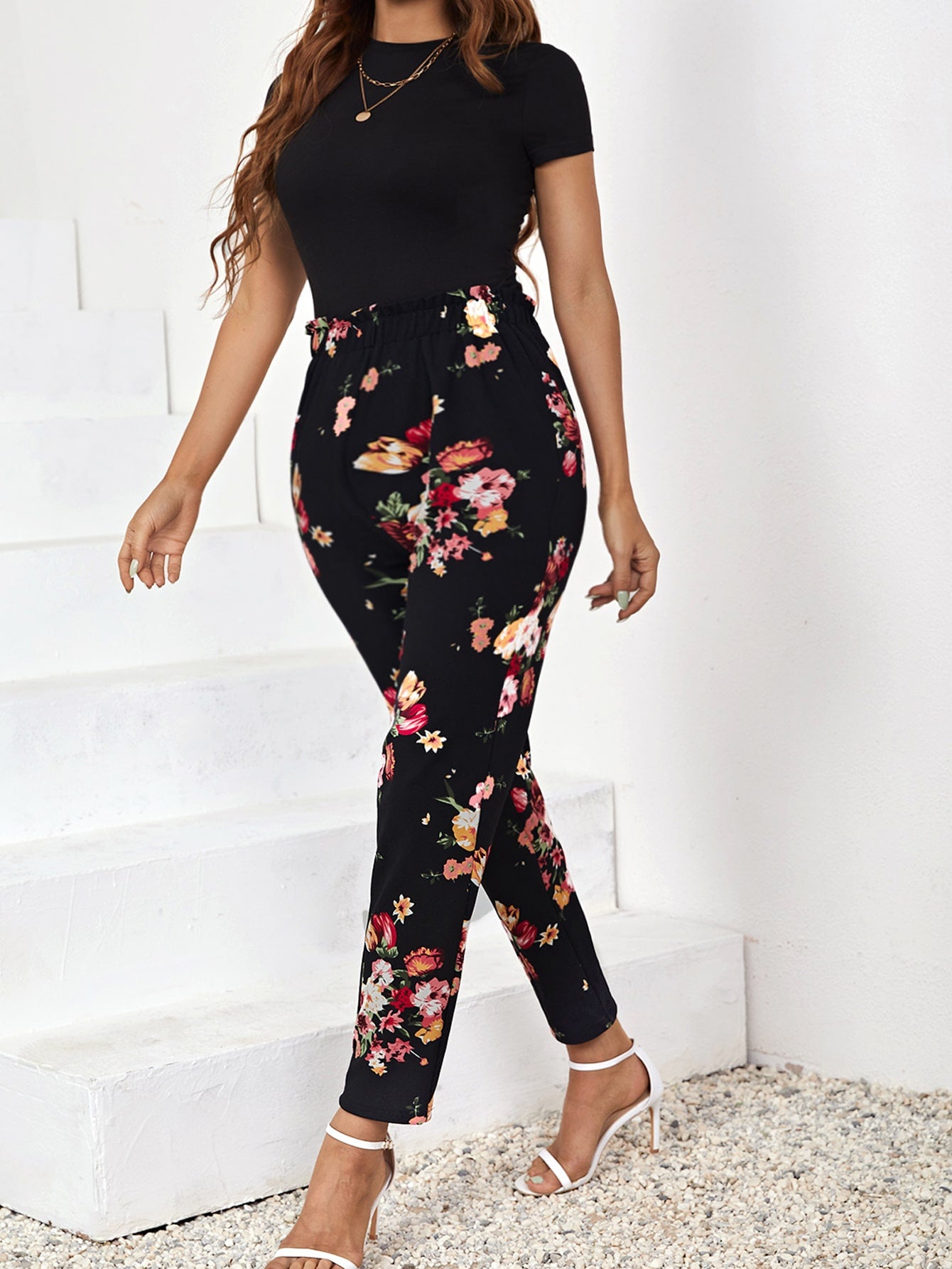 Solid Round Neck Tee & Floral Print Pants