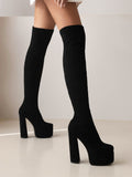 Women Black Minimalist Platform Chunky Heeled Boots, Elegant Square Toe Slip-On Sock Boots