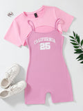 High Low Hem Crop Top & Letter Graphic Cami Romper