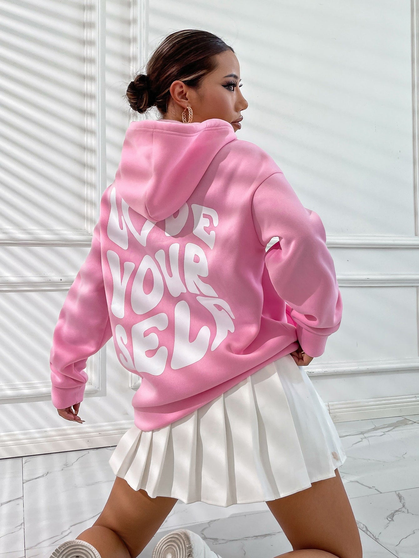 Slogan Graphic Drop Shoulder Drawstring Thermal Lined Hoodie LOVE YOURSELF