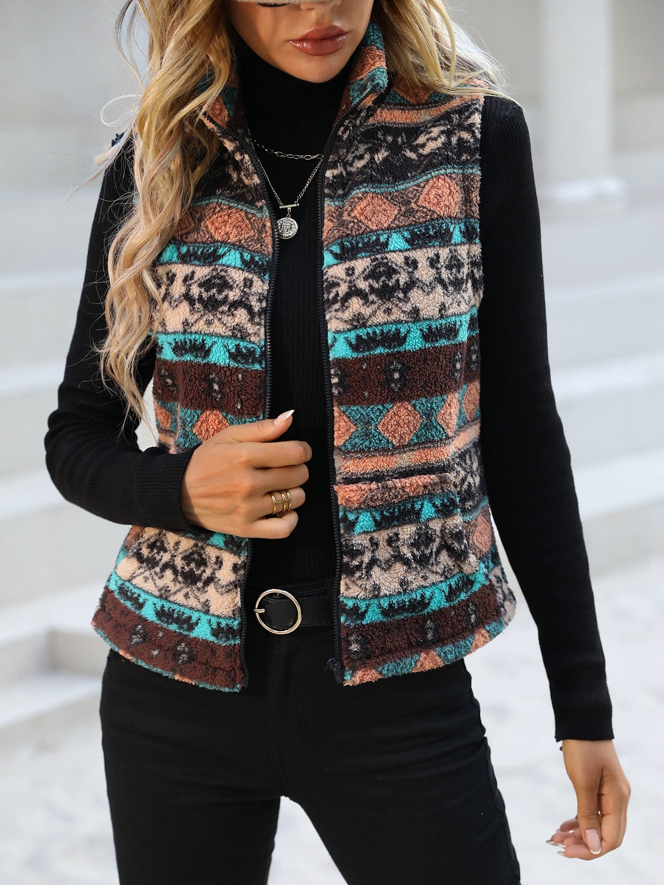 Geo Pattern Zip Up Fleece Vest Jacket