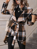 Plaid Waterfall Collar Asymmetrical Hem Belted Coat