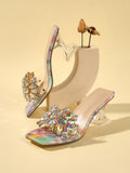 Women Rhinestone Decor Pyramid Heeled Mule Sandals, Glamorous Summer Heeled Sandals