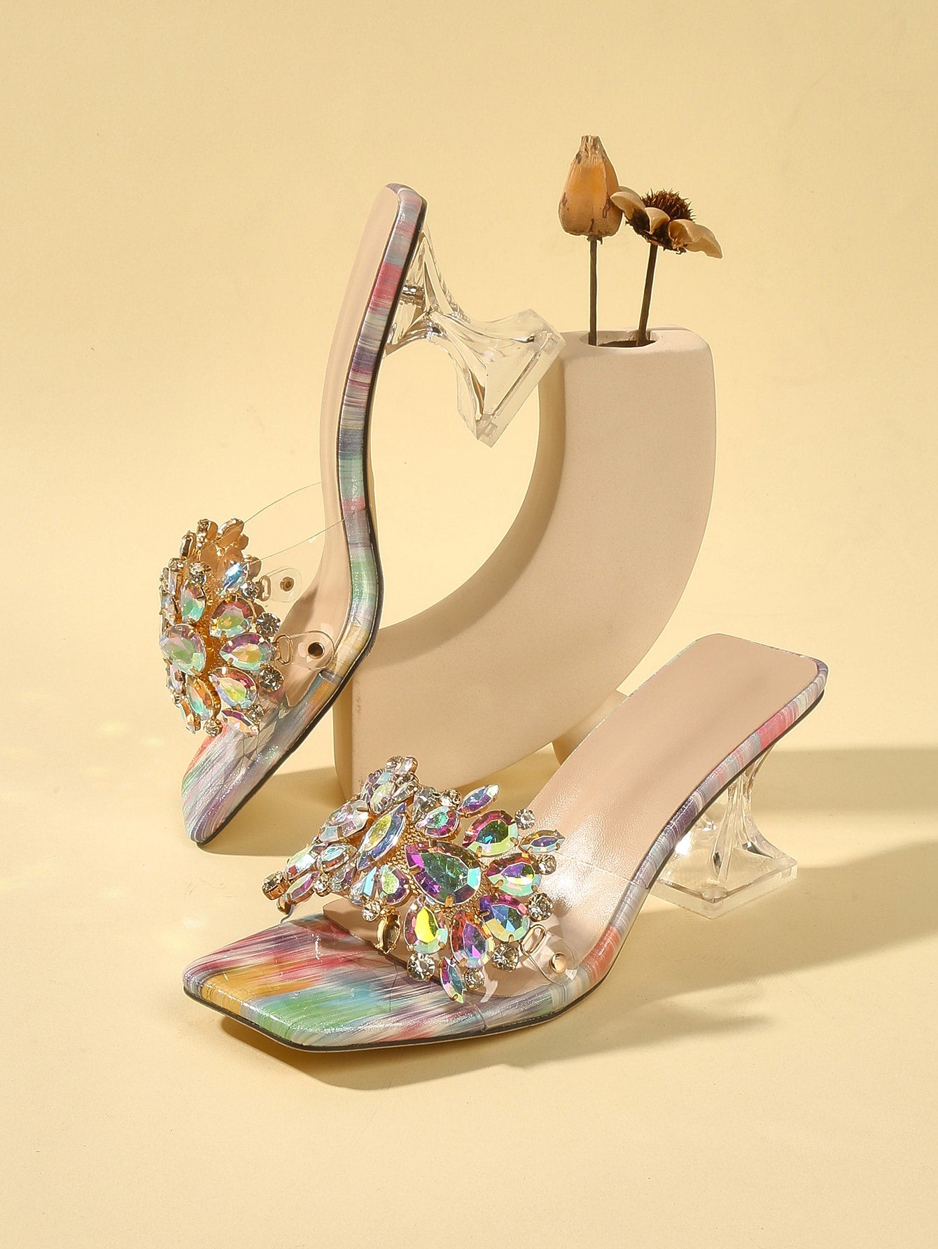 Women Rhinestone Decor Pyramid Heeled Mule Sandals, Glamorous Summer Heeled Sandals