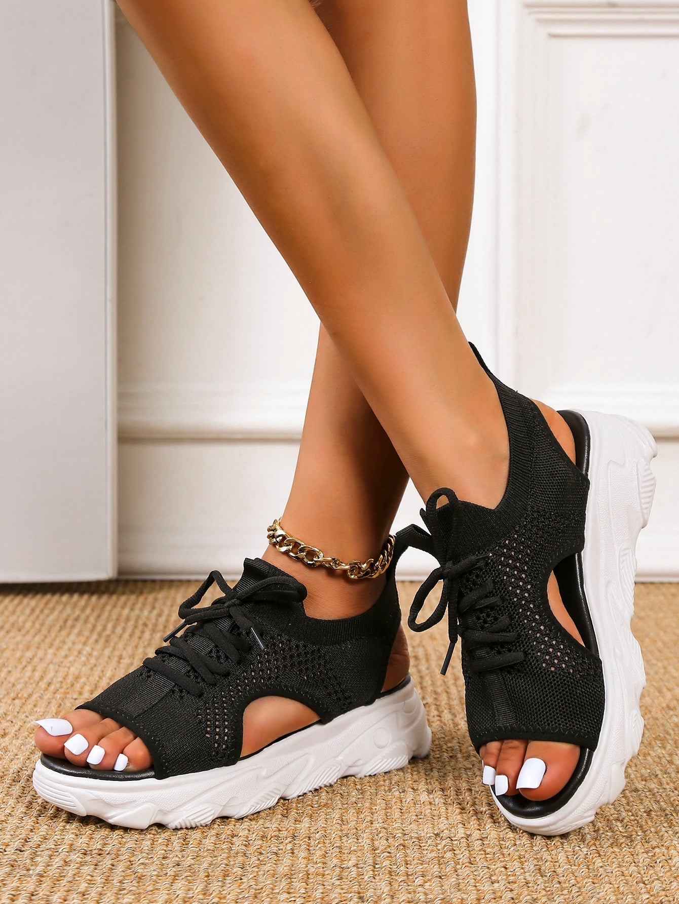 Sporty Black Sandals For Women, Lace Up Front Hollow Out  Sandals