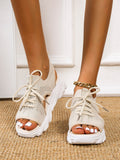 Sporty Beige Sandals For Women, Cut Out Lace Up Front Sports Sandals