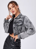 Ripped Raw Trim Button Front Crop Denim Jacket