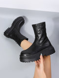 Women Black Minimalist Zip Side Boots, Round Toe Platform Mid Heel Combat Boots