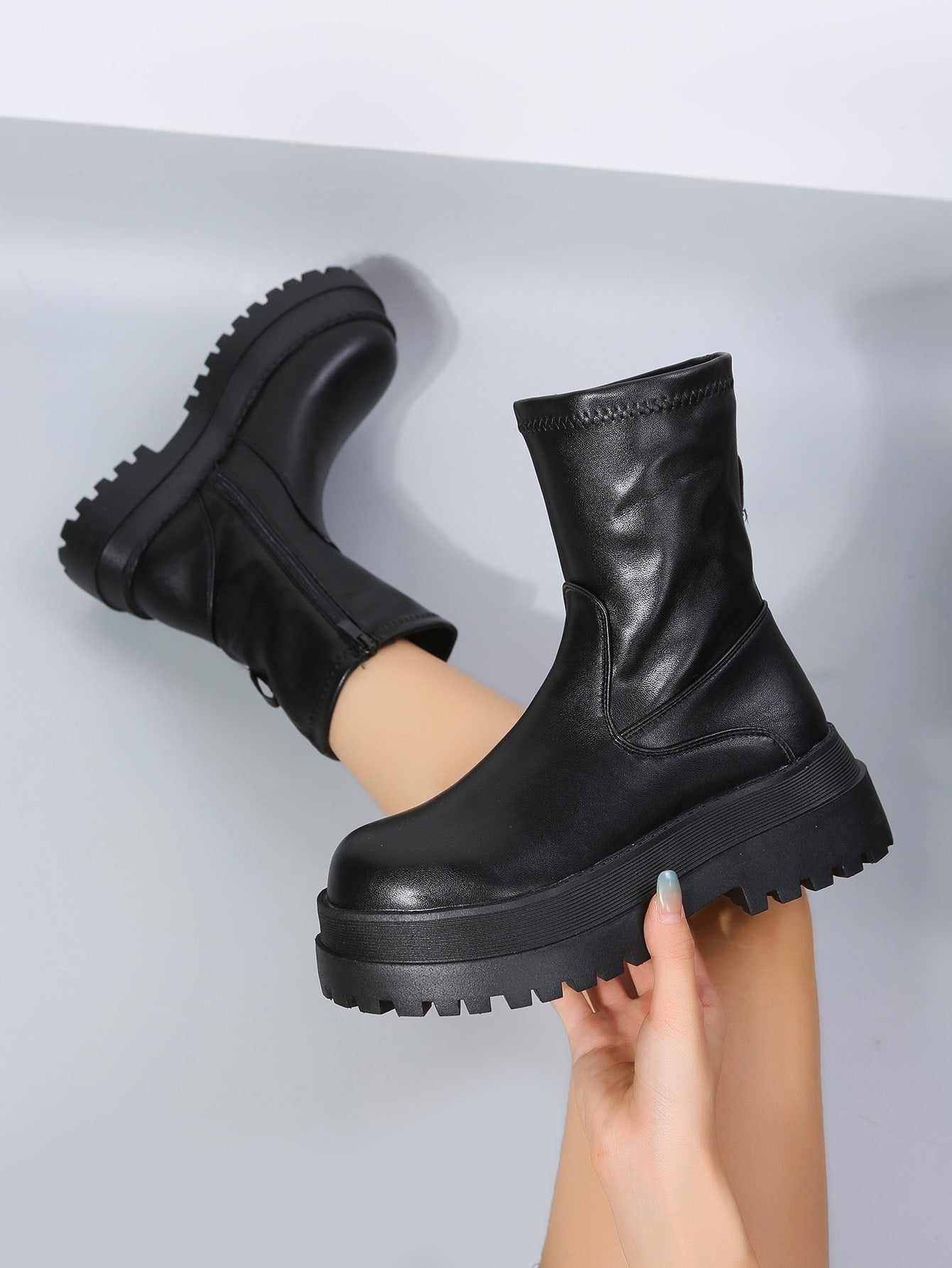 Women Black Minimalist Zip Side Boots, Round Toe Platform Mid Heel Combat Boots