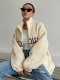 Letter Embroidery Drop Shoulder Teddy Jacket