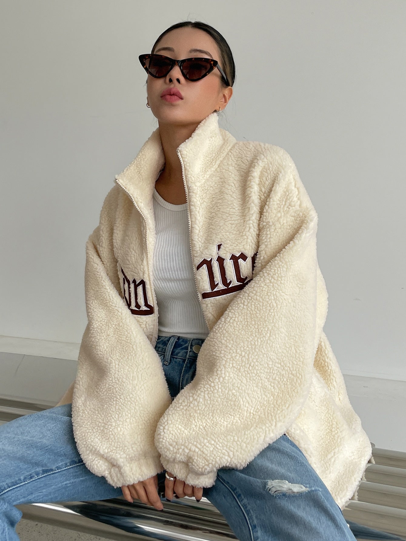 Letter Embroidery Drop Shoulder Teddy Jacket