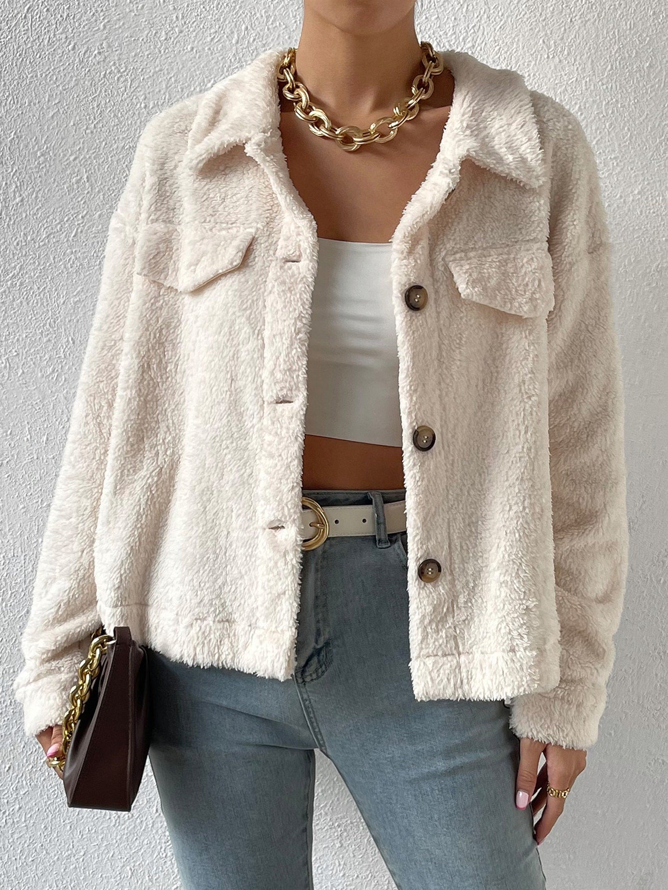 Drop Shoulder Flap Detail Teddy Jacket