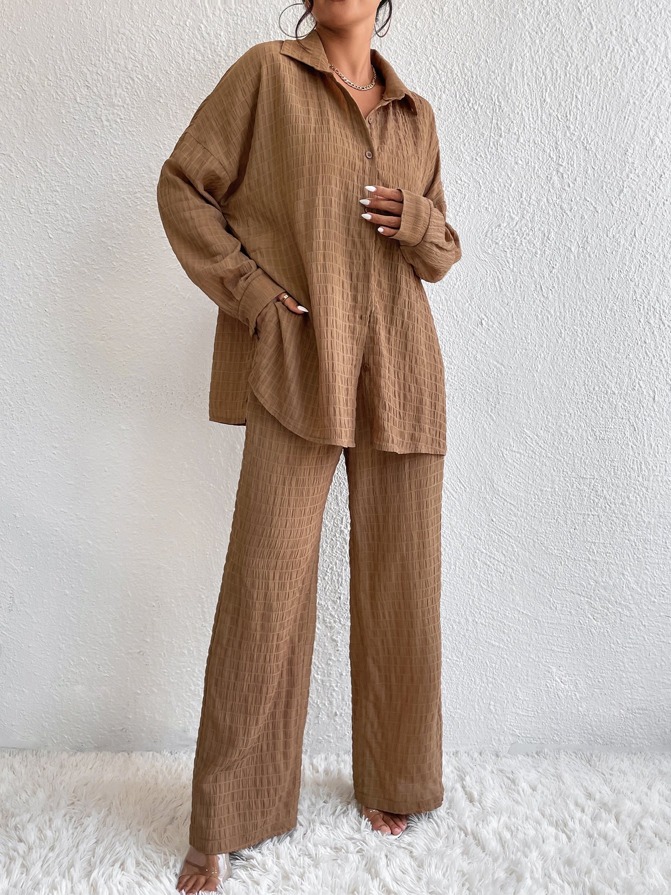 Solid Drop Shoulder Shirt & Wide Leg Pants