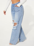 Drawstring Waist Cut Out Ripped Wide Leg Jeans