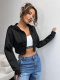 Solid Crop Drawstring Hooded Jacket