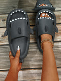 Cartoon Shark Design Slides, Deep Grey Preppy Cartoon Style Flip-flops
