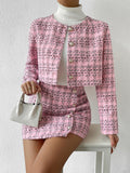 Frenchy Plaid Button Front Crop Jacket & Skirt