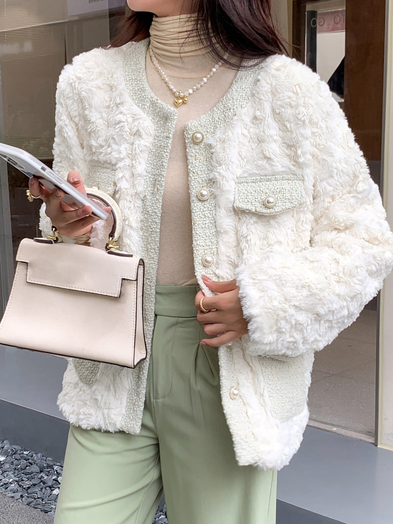 Contrast Trim Drop Shoulder Teddy Coat