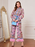 Mulvari Paisley Print & Floral Print Belted Shirt & Fuzzy Trim Wide Leg Pants