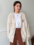 Slogan Graphic Drop Shoulder Zipper Drawstring Hooded Fleece Jacket