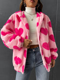 Pink Heart Pattern Drop Shoulder Zipper Hooded Teddy Comfortable Plush Jacket
