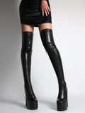 Women Black Zipper Side Platform Boots, Elegant Square Toe High Heel Sock Boots