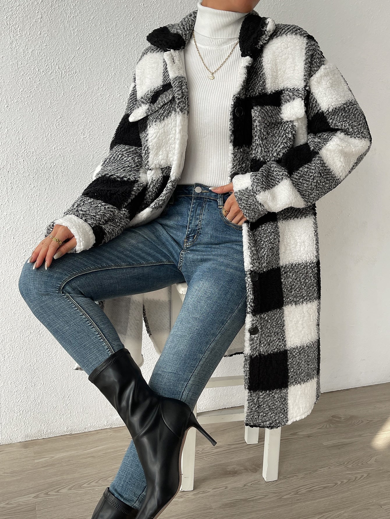 Frenchy Buffalo Plaid Print Drop Shoulder Teddy Coat
