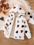 Young Girl Heart Print Hooded Fleece Lined Mid-Length Parka Coat, Autumn/Winter