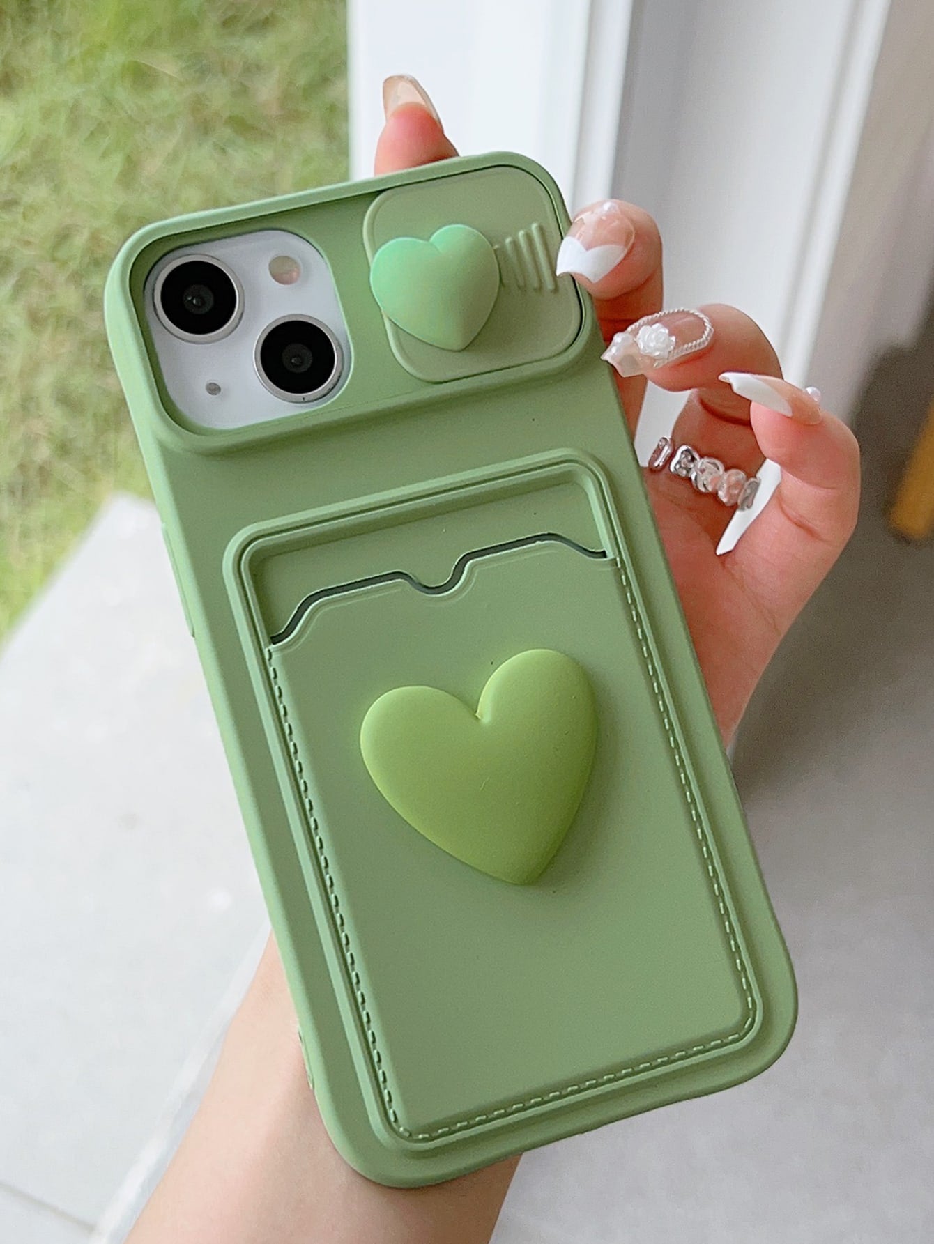 Pull-And-Slide Transparent Double Heart-Shaped Pendant Picture Frame Card Holder Phone Case Compatible With Iphone