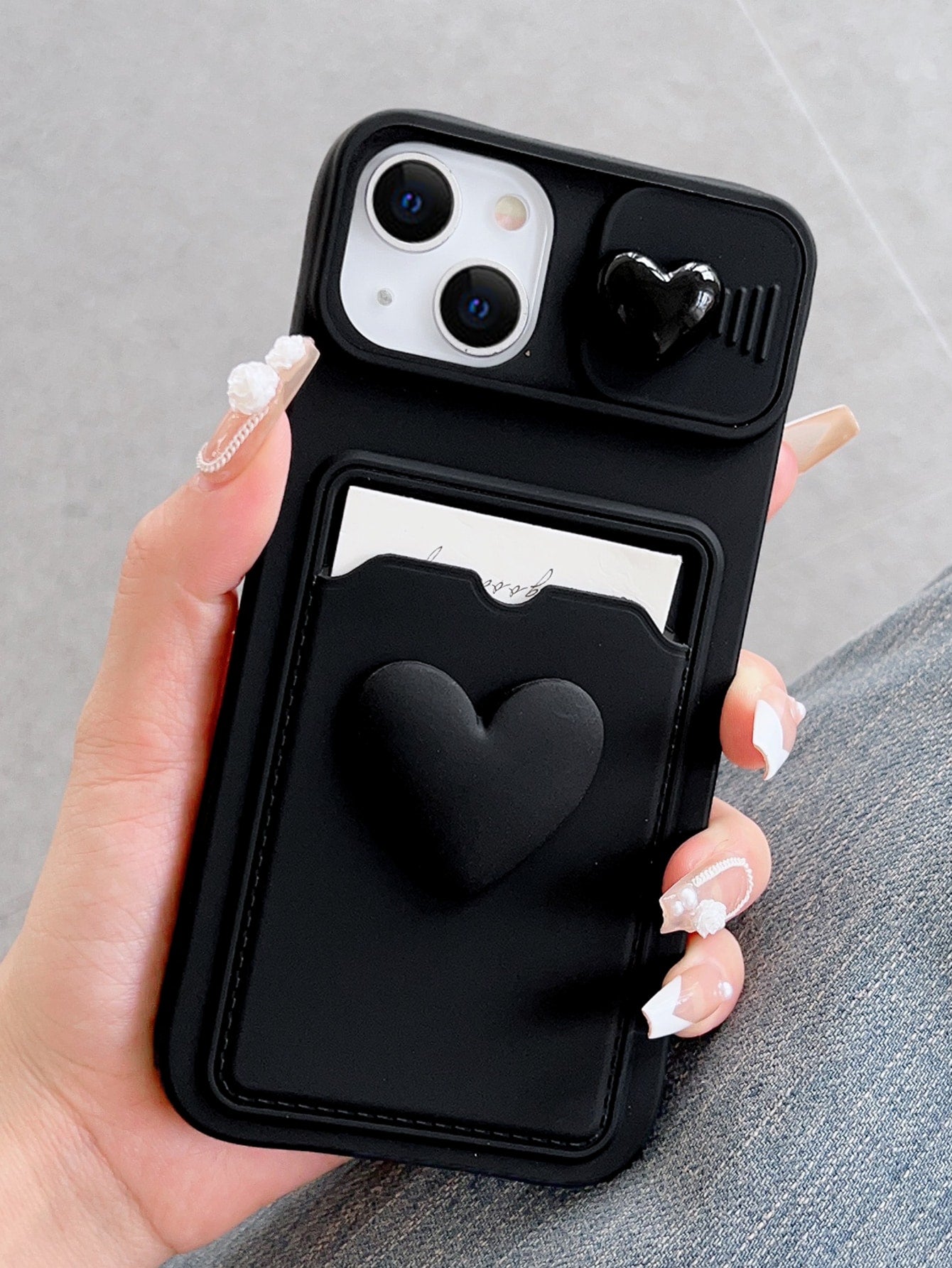Pull-And-Slide Transparent Double Heart-Shaped Pendant Picture Frame Card Holder Phone Case Compatible With Iphone