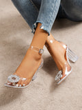 Women Rhinestone Decor Pumps, Chunky Heeled Ankle Strap Pumps
