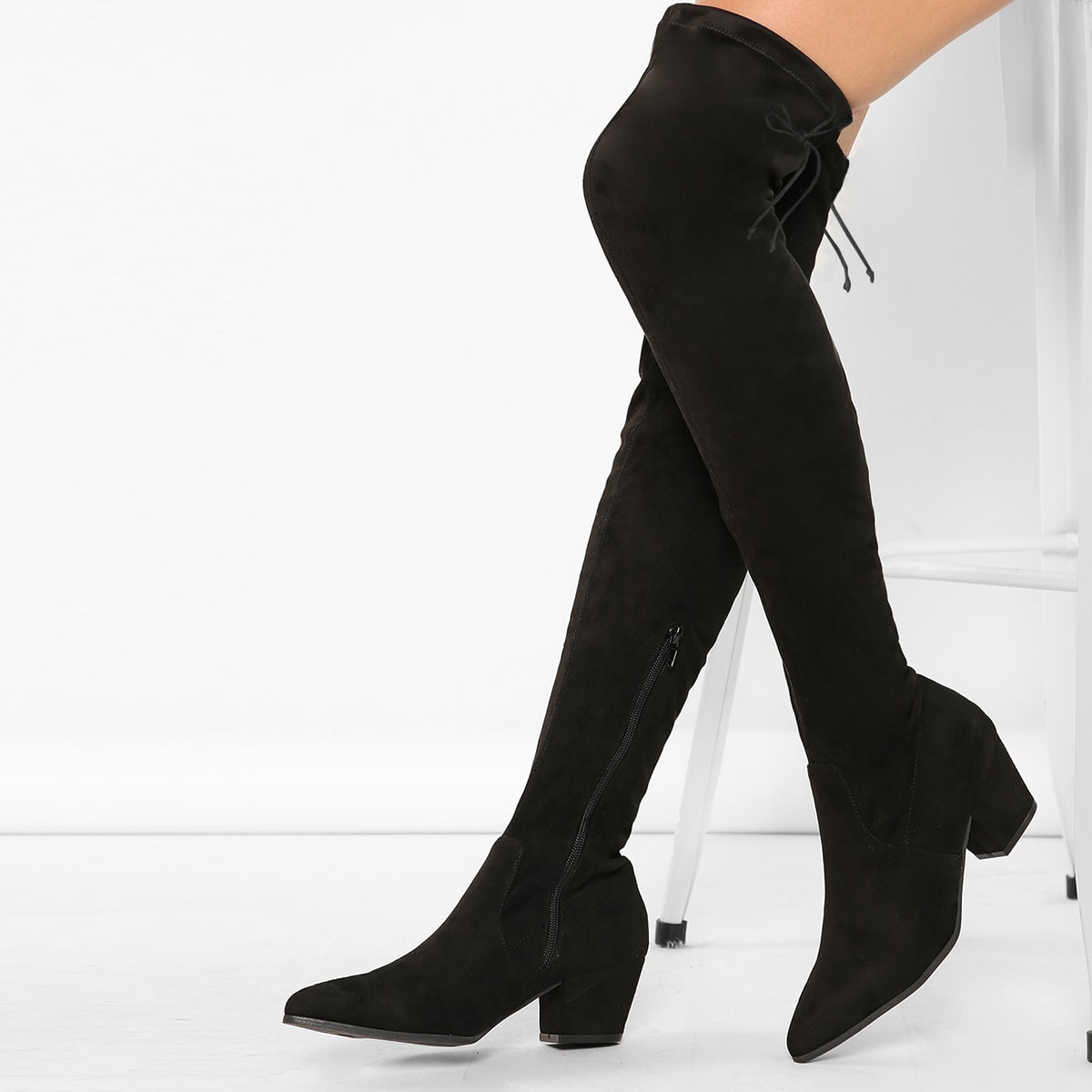 Pointy Toe Chunky Low Heel Thigh High Boots