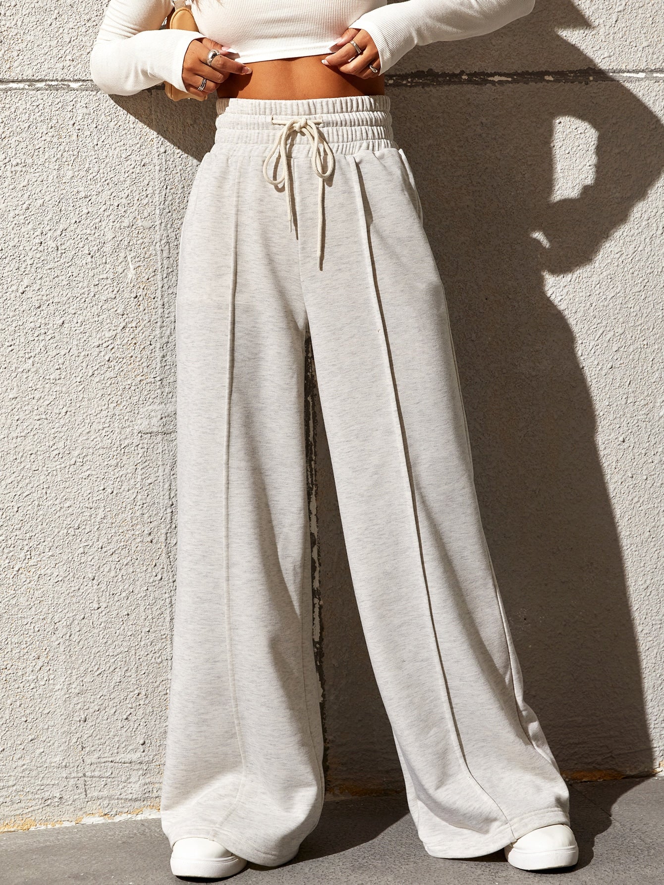 Solid Drawstring Waist Wide Leg Sweatpants