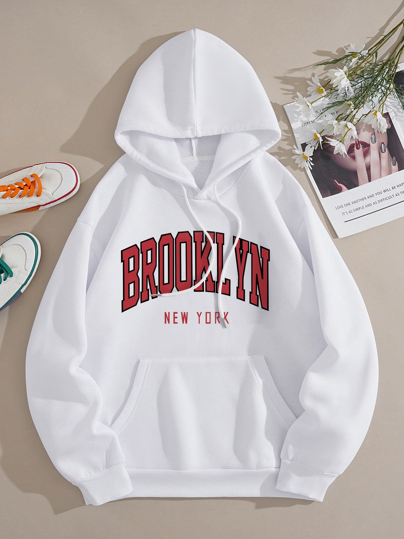 Letter Graphic Drawstring Thermal Hoodie