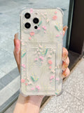 Flower Print Clear Phone Case With Card Slot