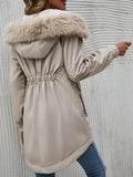 Drawstring Waist Fuzzy Trim Hooded Parka Coat