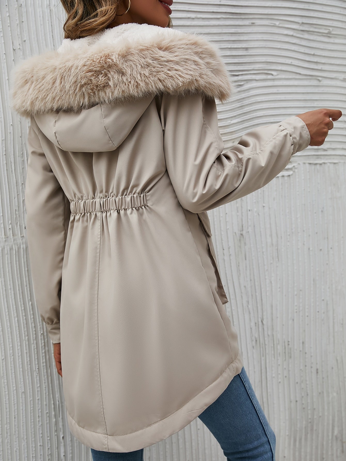 Drawstring Waist Fuzzy Trim Hooded Parka Coat